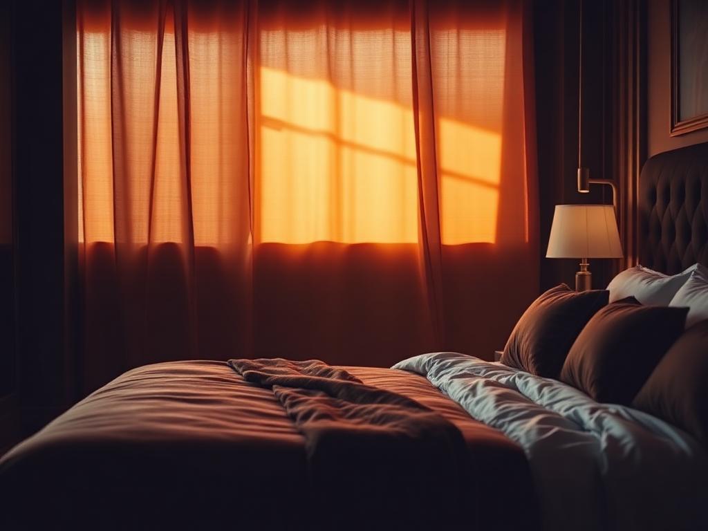 Detalhe de um quarto sofisticado em luz âmbar